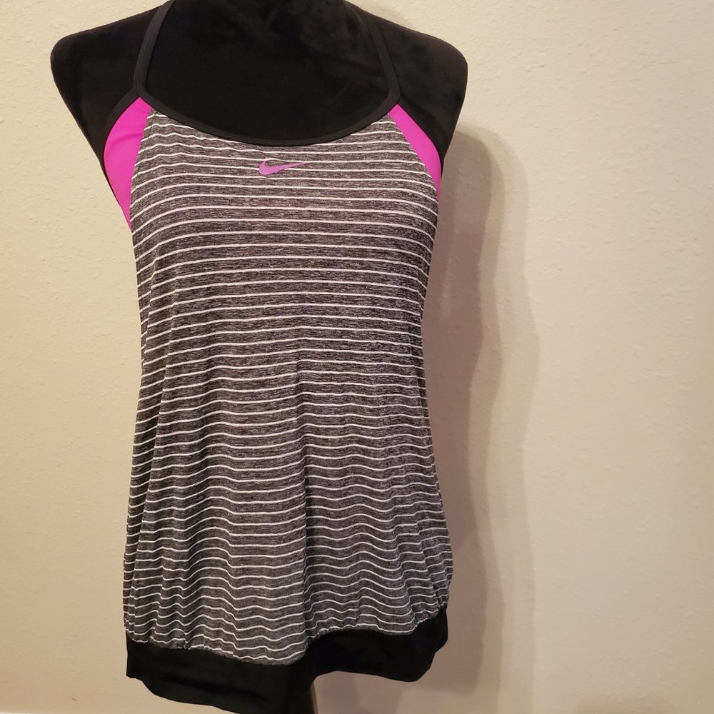 Nike black stripped tank top drape swimsuit top pullover round neck, size large